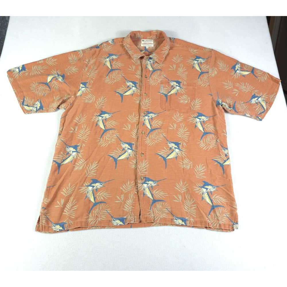 Columbia‎ Shirt Mens 2XL Orange Marlin Fish Hawaiian Button Up Cotton Casual